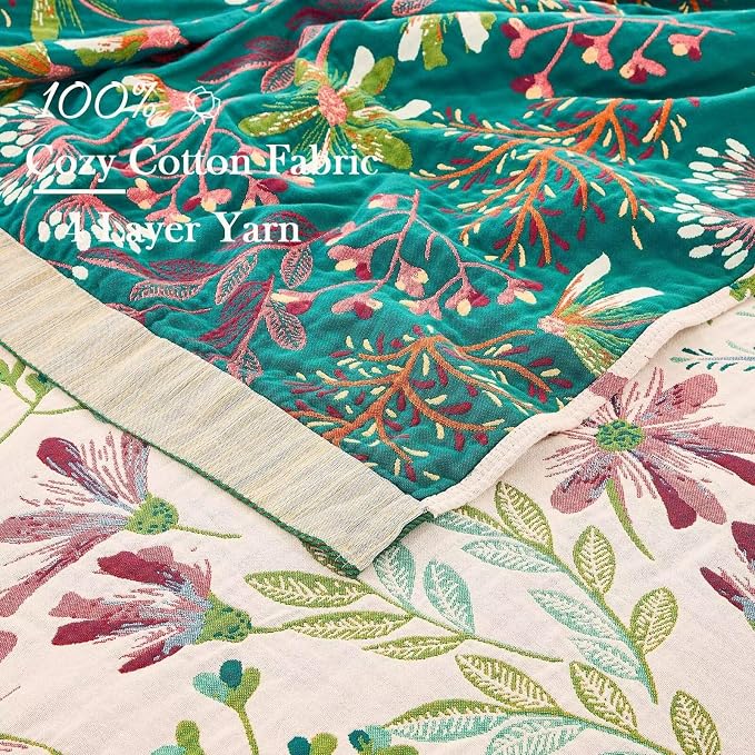 XIBLC Boho Throw Blanket for Bed, 100% Cotton Soft Rustic Quilt Fall Blanket, 80" 90" Floral Printed Farmhouse Decor Bed Blankets, All Season Rustic Reversible Bohemian Throw Quilt