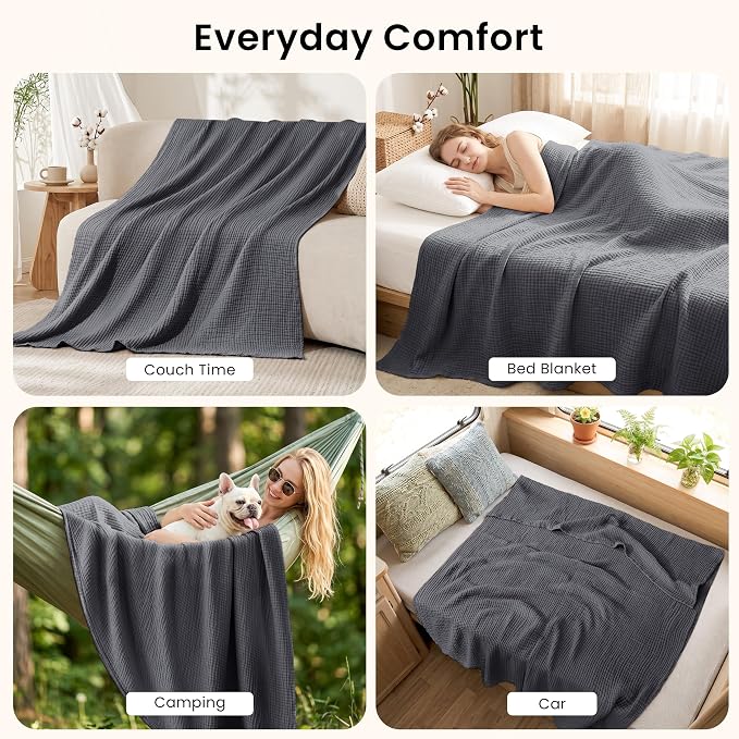 Love's cabin 100% Cotton Muslin Blanket, 6 Layer Lightweight Breathable Gauze Large Throw Blanket 50 x 70 Inches, Soft Cooling All Season Blanket for Couch or Sofa, Dark Grey