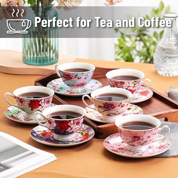 BTaT- Floral Tea Cups and Saucers, 8 oz, Fine Porcelain Teacup Set with Gold Trim for Afternoon Tea, Weddings, Parties & Gifting, Dishwasher Safe, Lightweight, Non-Toxic, Set of 6