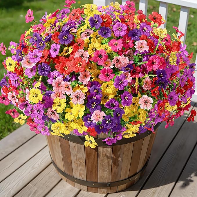 Alupssuc 48 Bundles Artificial Daisy Flowers UV Resistant for Outdoor Decor | Silk & Plastic, Spring Faux Plants Greenery, Bendable Stems, for Porch Patio Hanging Window Planter Yard Outside, 6 Colors