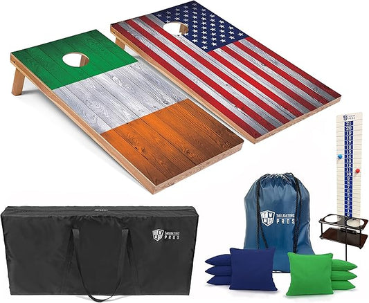 Tailgating Pros 4x2 Regulation Cornhole Boards Flag Set- Includes 8 Bean Bags, Carrying Cases, and Score Keeper - Optional LED Lights