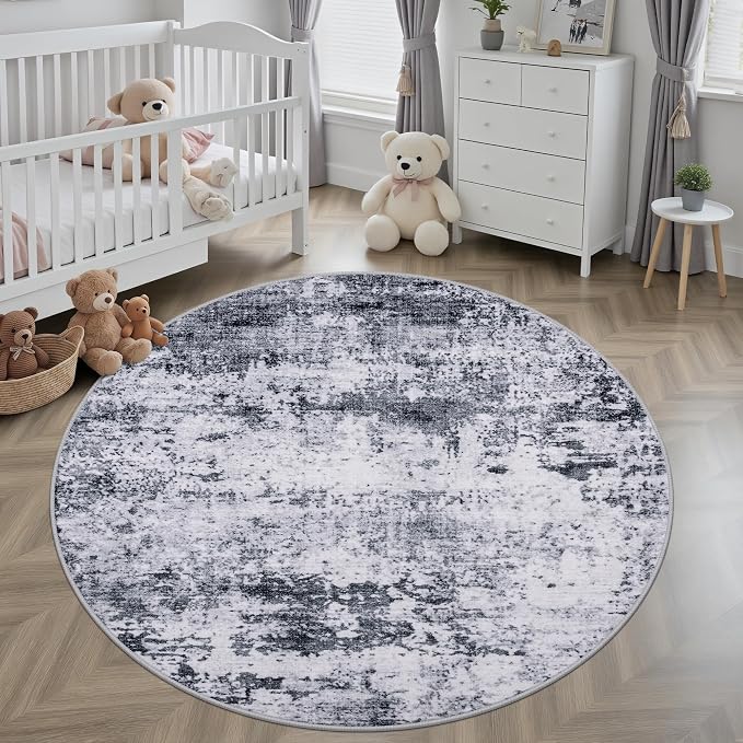 Round Area Rug for Living Room: 5 ft Washable Modern Abstract Soft Thin Rug Indoor Floor No Slip Stain Resistant Carpet for Bedroom Dining Room Farmhouse Nursery Home Office - Grey