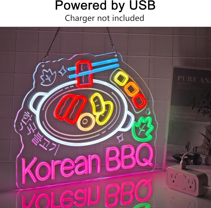 Korean BBQ Neon Sign,Korean Food LED Light Sign Wall Decor | Neon Lights Hanging Wall Art Decoration for Korean Restaurant Grill Kitchen Home Decor,USB Powered Dimmable,16.14×12.6 In