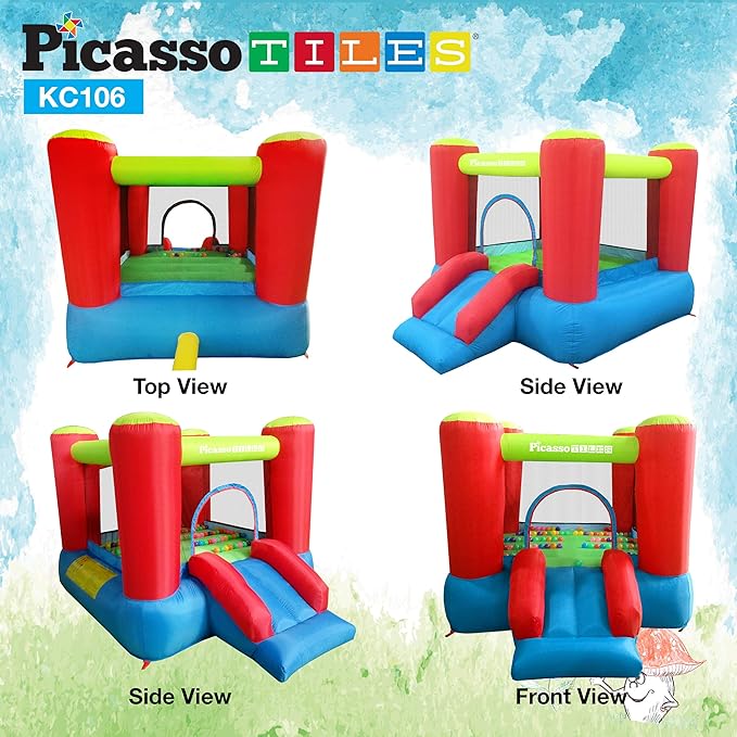 PicassoTiles KC106 8x7 Foot Junior Inflatable Bouncer, Kid Park, Jumping Bouncing House, Jump Slide Playhouse w/ 50 Pit Balls, 3 Sides Mesh Protection, and Heavy-Duty GFCI ETL Certified 385W Blower