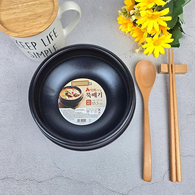 Korean Hot Pot Ttukbaegi 7 Inch Dolsot Clay Cooking Bowl, Direct Fire Safe Ceramic Casserole for Soup, Rice, Noodles, Microwave & Dishwasher Safe Stoneware Stew Pot, Made in Korea, 2.6 Inch Height