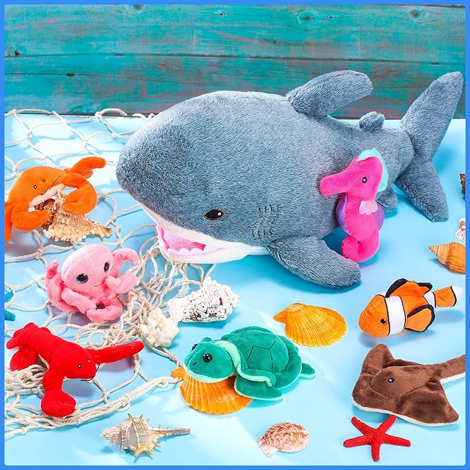 Zomiboo 18 Inch Great Shark Plush with 7 Pcs of Soft Stuffed Sea Animals Include Manta Ray, Seahorse, Crab, Clown Fish, Turtle, Octopus and Lobster, Gift for Friend
