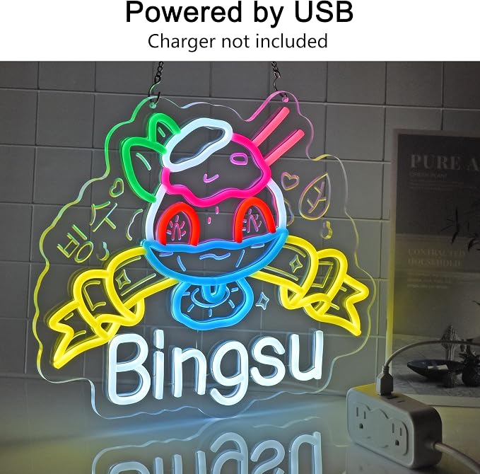 Bingsu Neon Sign,Korean Shaved Ice LED Light Sign Wall Decor | Neon Lights Hanging Wall Art Decoration for Korean Restaurant Ice Cream Cafe Party Home Decor, USB Powered,Dimmable,15×12.2In