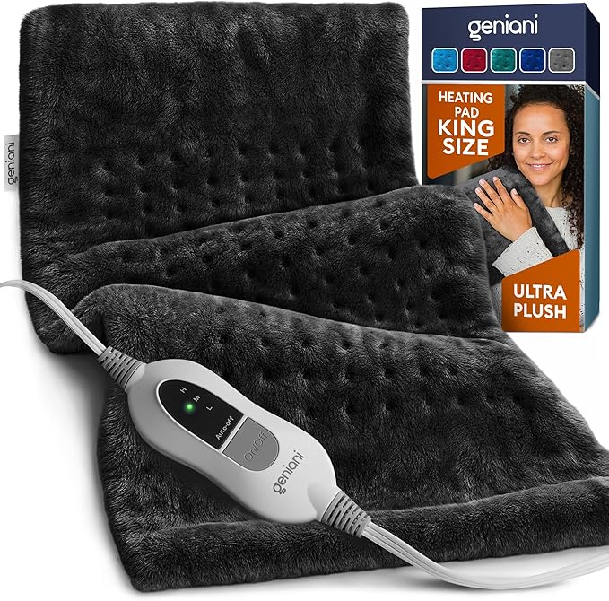 GENIANI Electric Heating Pad for Back Pain & Cramps Relief, Electric Throw, Self Care Gifts for Women, Heating Pad for Neck & Shoulder, Machine Washable Microplush, Auto Shut Off (12×24", Black)