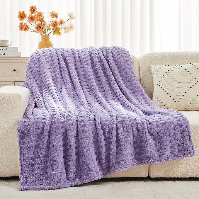 NEWCOSPLAY 3D Waffle Checkered Flannel Queen Blanket, Lavender, 90"x90" | Super Soft Cute Lightweight Decorative Premium Silky Fleece Blanket for Couch Sofa Bed, Gift for Women Men, All Season Use