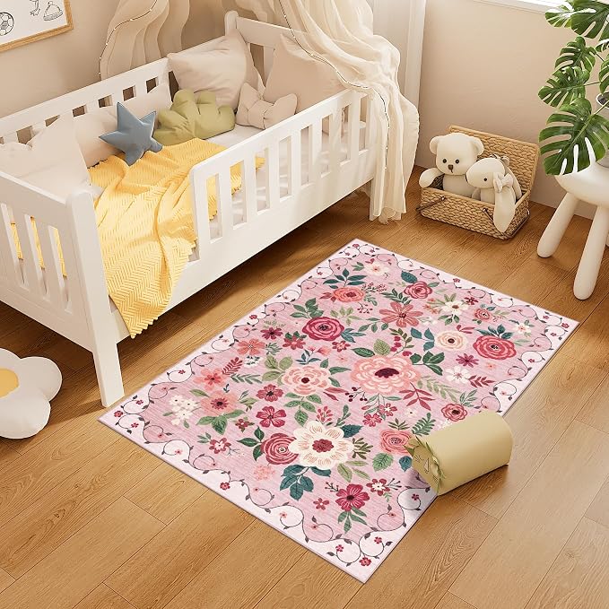 DUKINO 3x4 Area Rug, Floral Washable Rug for Kitchen Non Slip, Pink | Low Pile, Soft, Stain Resistant Indoor Rug for Entryway, Bedroom, Bathroom, Laundry, Pet Friendly, Home Decor, Lightweight
