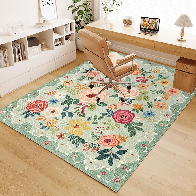 DUKINO 4x5 Area Rug for Entryway, Soft Floral Washable Rug Non Slip, Green | Low Pile, Non-Shedding Indoor Carpet for Bedroom, Kitchen, Living Room, Nursery, Pet Friendly, Stain Resistant, Home Decor