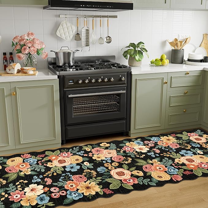 DUKINO 2.6x10 Runner Rug for Hallway, Floral Washable Rug Non Slip, Black | Soft, Low Pile, Lightweight Indoor Throw Rug Runner for Entryway, Bedroom, Bathroom, Laundry, Pet Friendly, Modern Home Decor