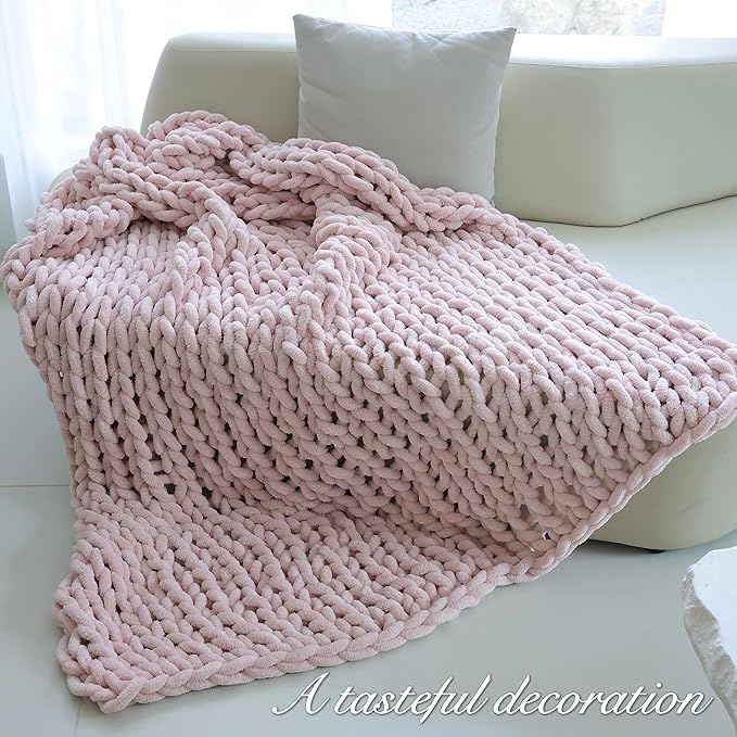 Maetoow Chenille Chunky Knit Blanket,Handmade Cozy for Home Decor,40×50,Light Pink