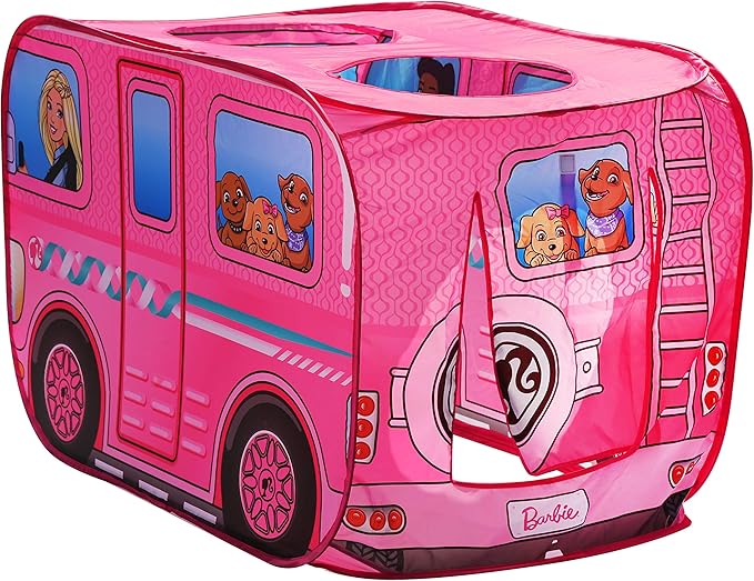 Sunny Days Entertainment Barbie Dream Camper Pop Up Play Tent Pink Indoor Playhouse for Kids Gift for Girls
