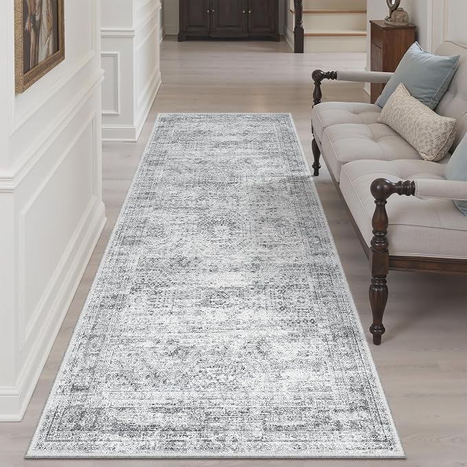 Soalmost Washable Kitchen Runner Rug 3x6 Hallway Entry Rugs Non-Slip, Grey | Vintage Runners 6ft for Bathroom Laundry Room, Foldable Low-Pile Floor Carpet Mat for Entryway Corridor Bedroom