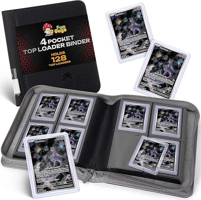 FunGuys Toploader Binder – 4 Pocket Trading Card Binder for 128 Top Loaders, Pokemon Card Binder, MTG, Yugioh, Sports Cards, TCG Storage Album, Zipper Card Collector Folder