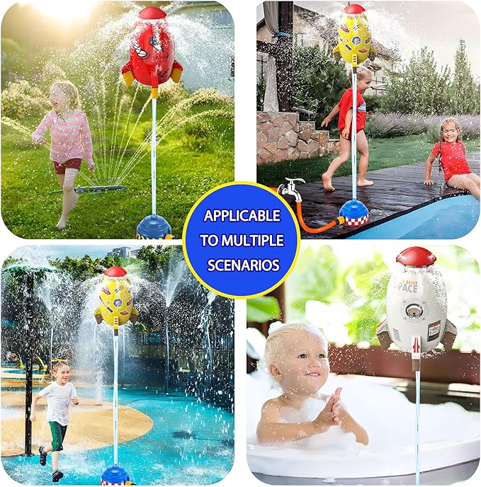 Water Rocket Launcher Sprinkler for Kids – Outdoor Summer Water Toys with Rocket Design & 360° Spin, Backyard Fun for Boys Girls Ages 3-12, Holiday & Birthday Gift