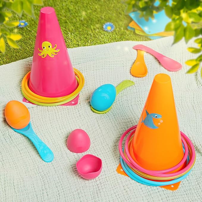 B. toys – Outdoor Games Galore Combo – Ring Toss & Egg-and-Spoon Game Set for Backyard Fun, Party Activities & Family Entertainment – Includes Easy-to-Grip Rings & Spoons – Kids Outdoor Toys 3+ Years