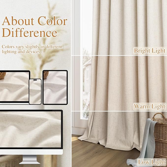 Guken Extra Long 100% Blackout Linen Curtains for Bedroom 108 inches Long, Thermal Insulated Room Darkening Black Out Drapes for Living Room, Back Tab Rod Pocket 2 Panels Set,Cream Beige,52x108