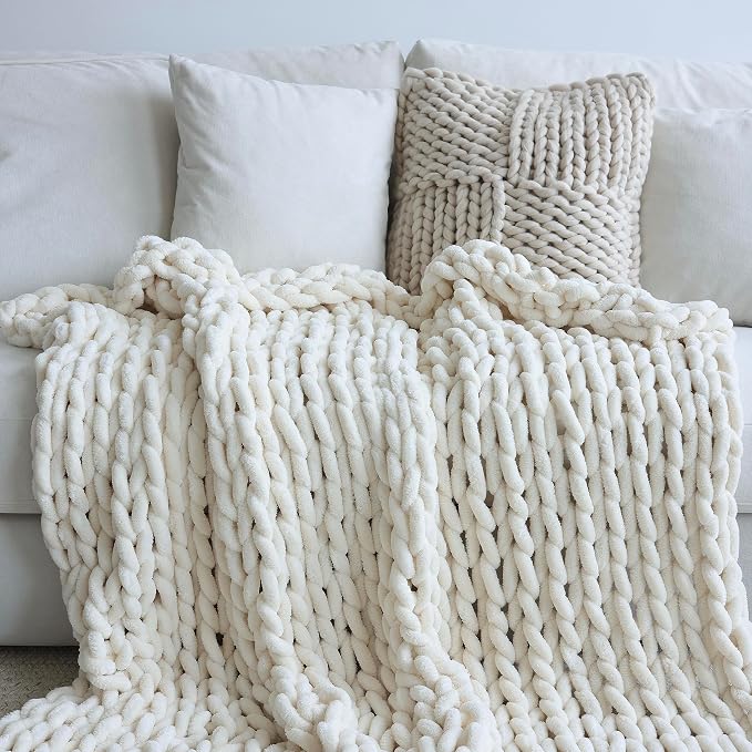 Maetoow Chenille Chunky Knit Blanket,Handmade Cozy for Home Decor,60×80,Cream