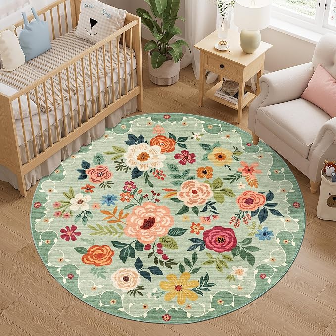 DUKINO 5ft Round Rug, Non Slip Floral Washable Small Circle Rug, Green | Soft, Low Pile, Floral Indoor Area Rug for Bedroom, Living Room, Kids Room, Office, Pet Friendly, Stain Resistant, Home Decor