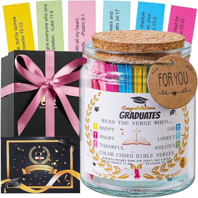 Bible Verse Jar, Christian Gifts For Women,Teacher Gift, High School, College Graduation Gift for Her, Him, Inspirational Bible Jar Comes With Greeting Card & 48-inch Ribbon Bow