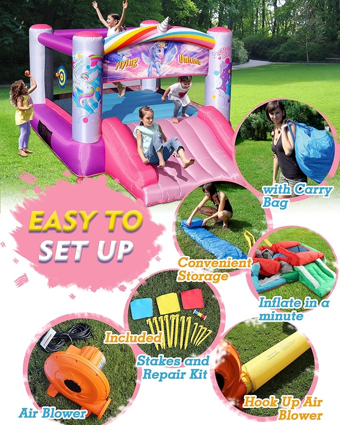 Action Air Bounce House, Princess Inflatable Bounce House with Blower, Pink Bouncy House for Girls, Flying Unicorn Theme Bouncy Castle, Durable Sewn and Extra Thick, Love for Kids