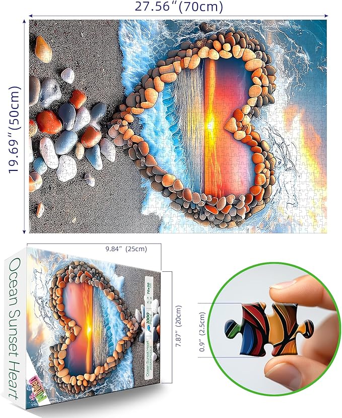 1000 Piece Jigsaw Puzzle for Adults, Heart-Shaped Love Pebbles Sunset Beach Art Puzzle, Challenging Impossible Difficult Hard Fun Puzzles for Adults
