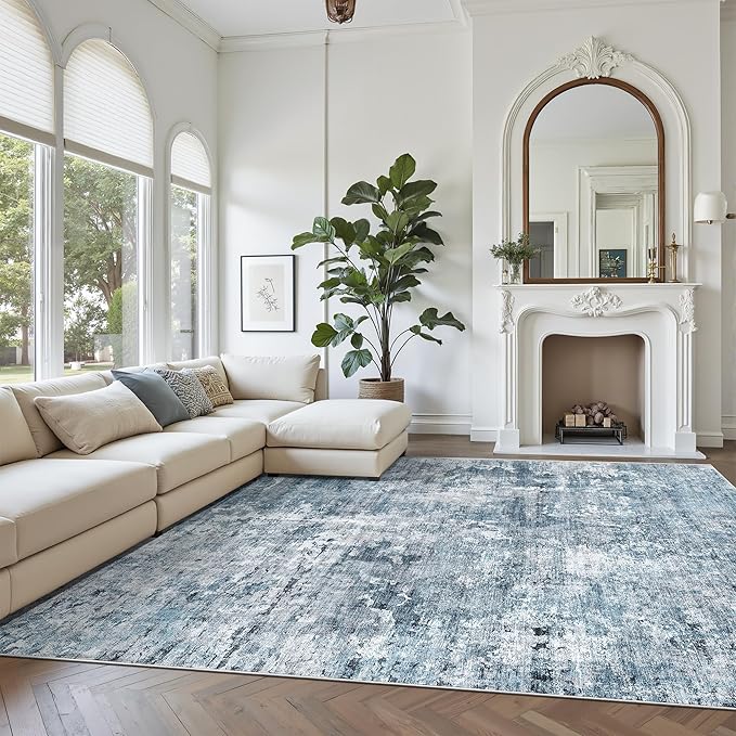 Soalmost Abstract Rug 8x10 Large Living Room Area Rugs Washable Blue/Grey | Modern Non-Slip Carpet for Dining Bedroom, Stain Resistant Foldable Thin Low Pile Floor Mat Under Table Home Office Decor