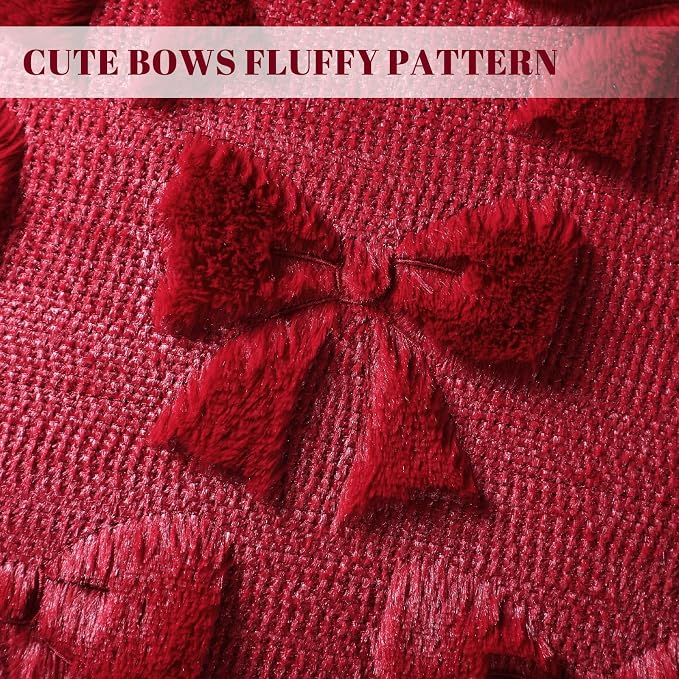 Mixweer Burgundy Bow Pillow Covers Set of 2 Preppy Room Decor Coquette Cute Spring Summer Decorative Faux Fur Soft Bowknot Stuff Fluffy Plush Aesthetic Pillowcase for Bed Sofa Couch (20 x 20 Inch)