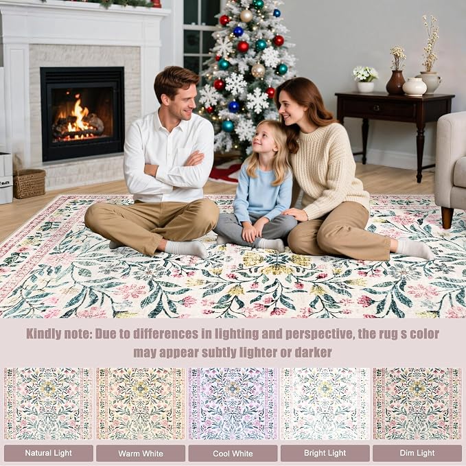 Round Area Rug for Living Room: 4 ft Floral Washable Circle Rug Soft Boho Non-Slip Carpet Indoor Stain Resistant Low Pile Small Circular Rug for Bedroom Entryway Kitchen Nursery Home Office Pink Green