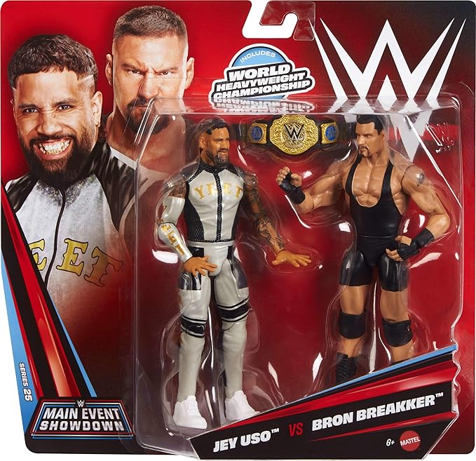 Mattel WWE Main Event Showdown Action Figures 2-Pack with Accessory, Series #25 Bron Breakker vs Jey USO Collectible Set, 6-inch