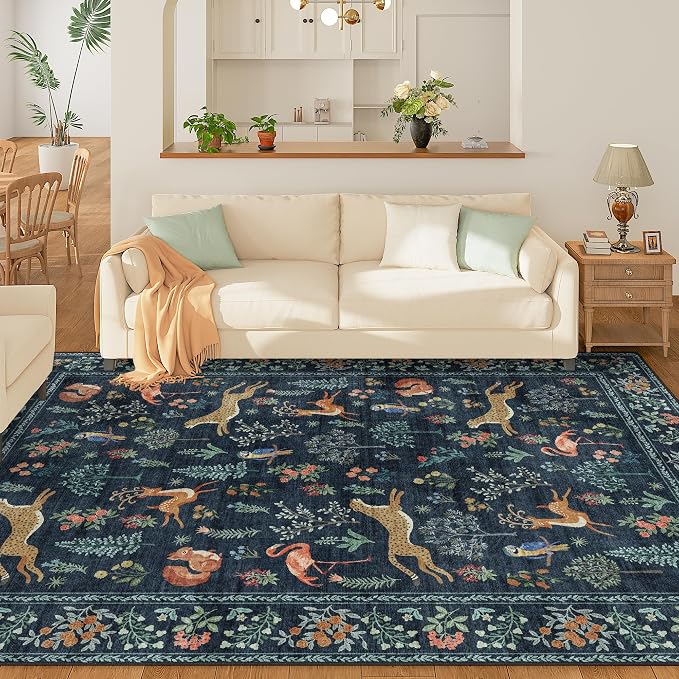 DUKINO 5x7 Area Rugs, Washable Animal Rug Living Room Non Slip, Navy Blue | Low Pile, Soft Indoor Carpet for Bedroom, Kids Room, Dining Room, Pet Friendly, Farmhouse, Stain Resistant, Non-Shedding