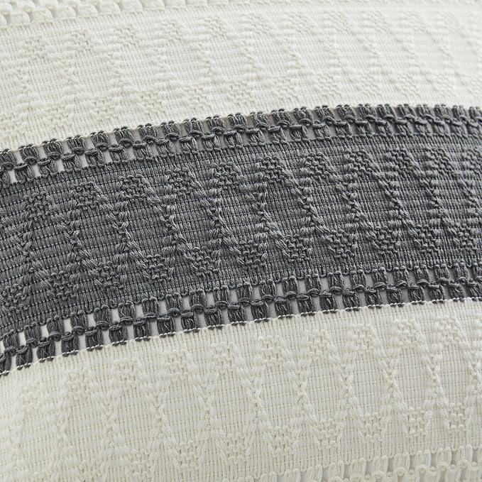 2pk Boho Pillow Covers 12x20, Natural White/Contrast/Charcoal | 100% Organic Cotton Body, Stripe Embroidery, Farmhouse Decorative Cushion Covers for Sofa Bed Living Room Home Decor