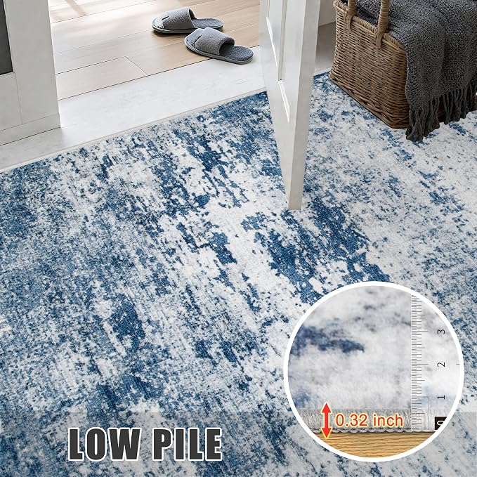 8x8 Area Rug Living Room Rug: Washable Modern Abstract Soft Thin Rug Indoor Floor No Slip Stain Resistant Carpet for Bedroom Dining Room Farmhouse Nursery Home Office - Blue