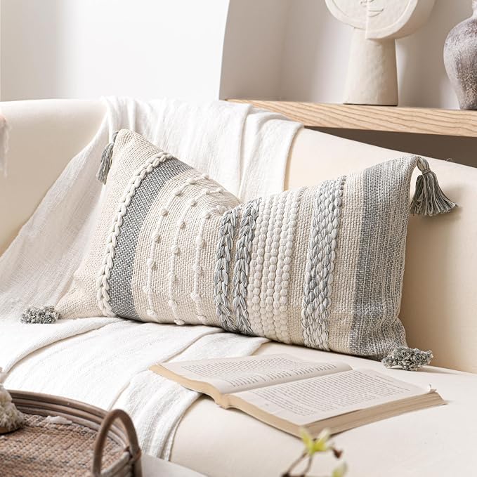 Gray Decorative Lumbar Pillow Cover 14x24, Grey Boho Long Body Pillow for Bed, Farmhouse Lumbar Throw Pillow for Couch, Modern Accent Textured Throw Pillowcase
