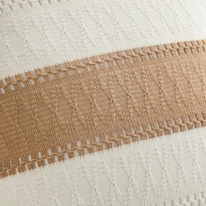 2pk Boho Pillow Covers 20x20, Natural White/Contrast/Brown | 100% Organic Cotton Body, Stripe Embroidery, Farmhouse Decorative Cushion Covers for Sofa Bed Living Room Home Decor