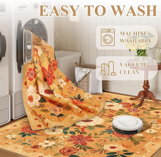 DUKINO 3x8 Kitchen Runner Rug, Washable Rug for Hallway Non Slip, Orange | Soft, Low Pile, Floral Indoor Carpet Runner for Hallway, Entryway, Bedroom, Bathroom, Laundry, Pet Friendly, Home Decor