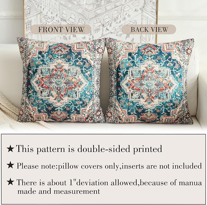 Boho Throw Pillow Covers 18x18 inch Set of 2,Boho Vintage Carpet Pattern Antique Ethnic Decor Double Sided Pattern Cushion Cover Soft Pillow Case Living Sofa Room Bed Square Pillow Cover