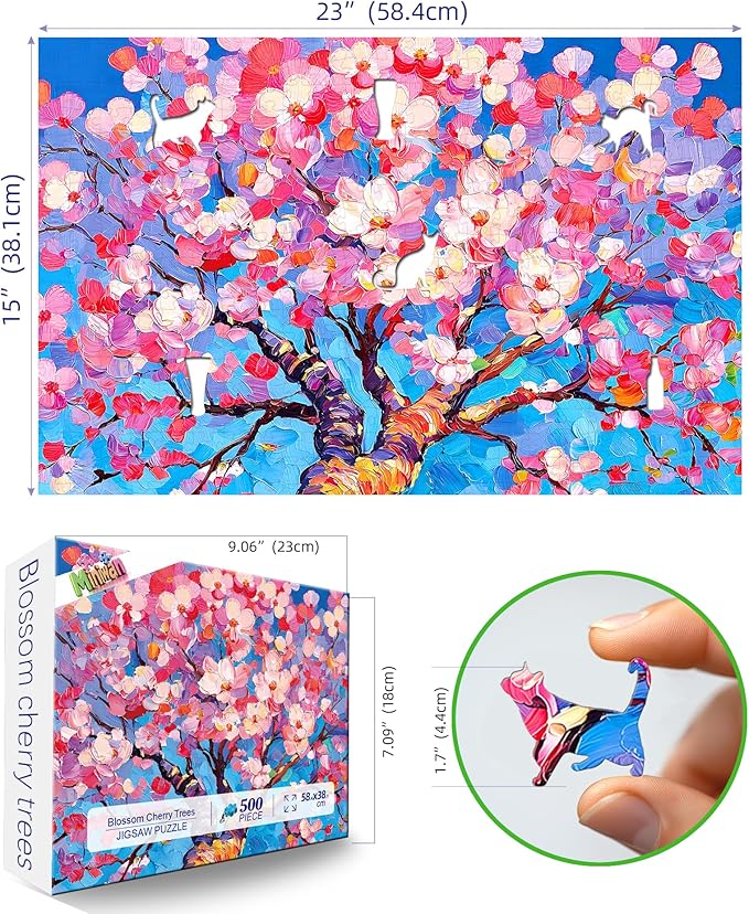 Spring Cherry Blossom 500 Piece Puzzles for Adults, Fun Spring Puzzles for Adults 500 Pieces with HD Print & Poster, 15" X 23" Dust Free Halloween Christmas Family Games