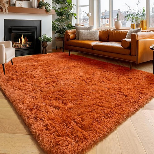 Amdrebio Burnt Orange Shag Plush Large Area Rug 6x9 for Living Room Bedroom | Fuzzy Shaggy Thick Big Rustic Carpet, Classroom Apartment Playroom Decor, Halloween, Baby Kids Toddler Corner, Dark Orange
