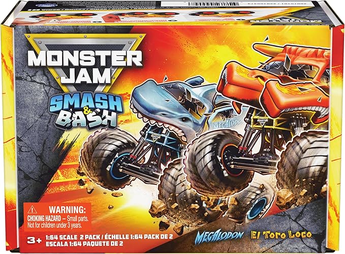 Monster Jam Smash & Bash 2-Pack Monster Trucks, Megalodon & El Toro Loco, 1:64 Die Cast Repairable Monster Truck, Kids Toys for Boy and Girls Ages 3 and up