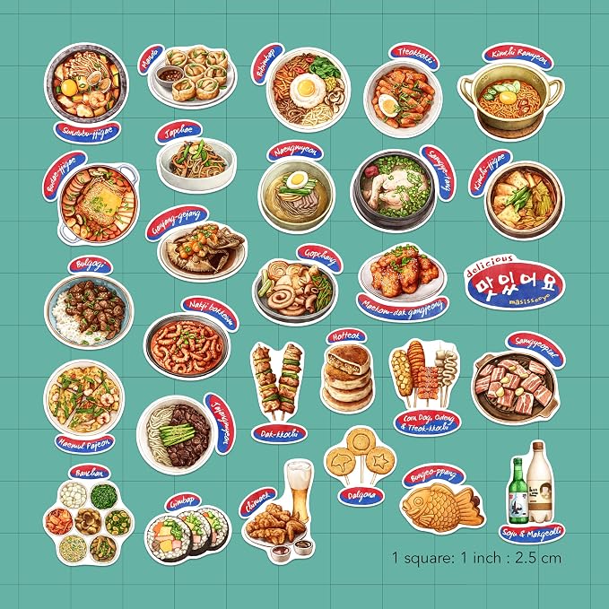 Navy Peony Authentic Korean Food Stickers (28 pcs) - Hand-Illustrated, Seoul, Culinary Stickers for Scrapbooking, Cookbooks, Journals and Laptops