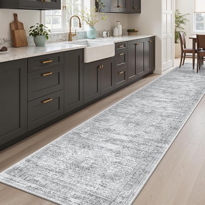 Soalmost Hallway Runner Rug 2'6"x10' Non-Slip Runners for Kitchen Grey | Washable Vintage Long Rugs 2.5x10ft Bathroom, Thin Low Pile Foldable 10ft Floor Carpet Mat for Entryway Corridor Bedroom