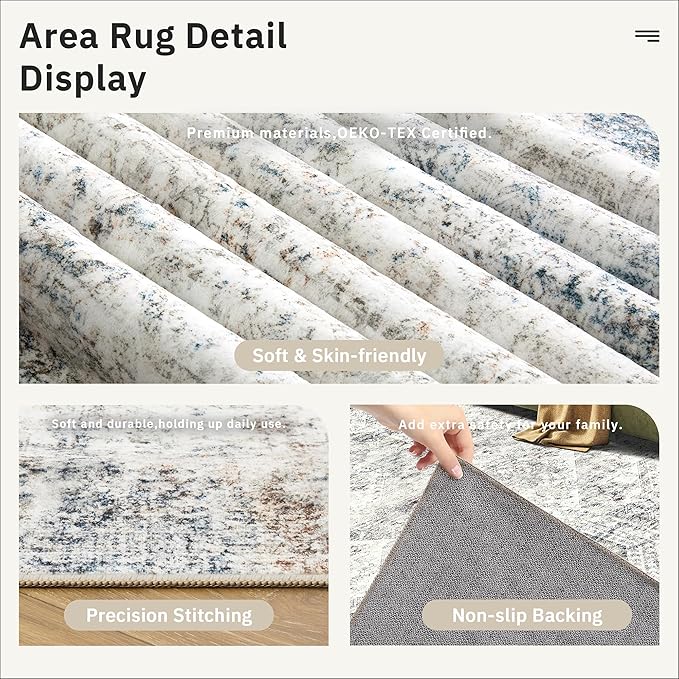Soalmost 6x9 Area Rug for Living Room Washable Rugs Non-Slip Blue/Ivory | Low-Pile Vintage Carpet for Dining Bedroom, Foldable Thin Stain Resistant Floor Mat Under Table Home Office Nursery Decor