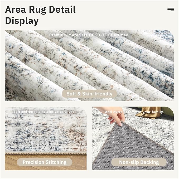 Soalmost 4x6 Area Rug for Living Room, Washable Rugs Non-Slip, Blue/Ivory | Vintage Low-Pile Carpet for Dining Bedroom, Thin Foldable Stain Resistant Floor Mat Nursery Under Table Home Office Decor