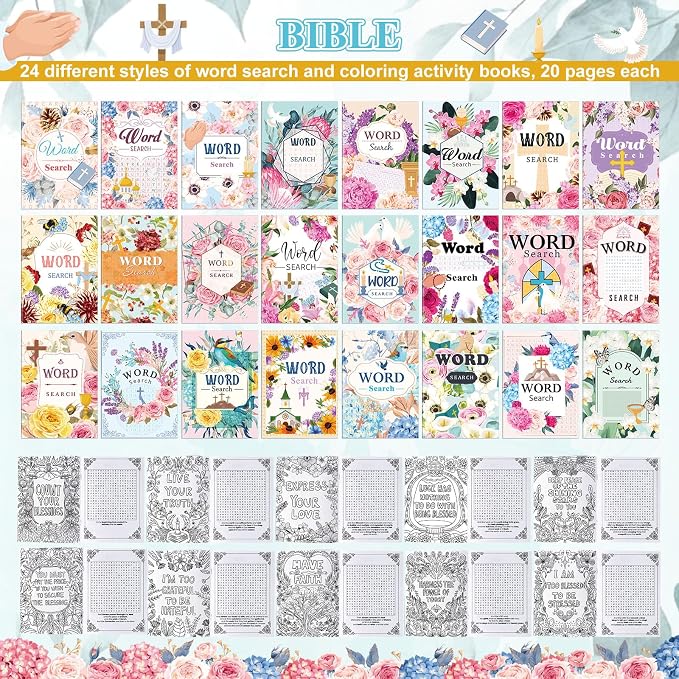 Liliful 144 Pcs Word Search Coloring Book Bulk for Adult Christian Easter Word Search Crafts DIY Drawing Book with Patterns for Party Favors, Goodie Bag Filler and Holiday Gifts
