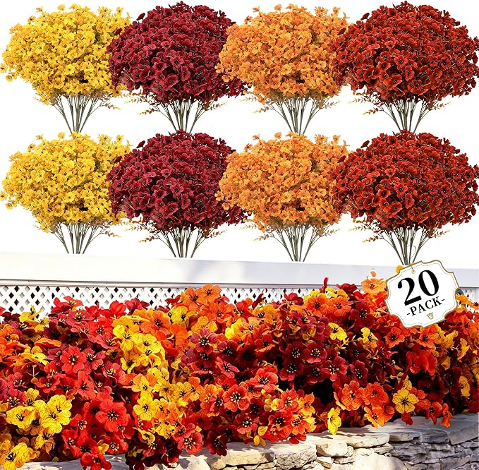 ColoPlay 20 PCS Artificial Mums for Outdoors Faux Flowers Eucalyptus Leaves | Artificial Mums for Outdoors/Indoors Fake Plants Eucalyptus Leaves, Fall Flowers for Decor Planters Boxwood Garden Porch Home