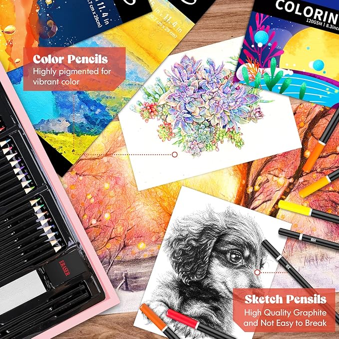 Caliart Art Supplies, 153-Pack Deluxe Wooden Art Set Crafts Drawing Painting Coloring Supplies Kit with 2 A4 Sketch Pads, Halloween Creative Gift Box for Adults Artist Beginners