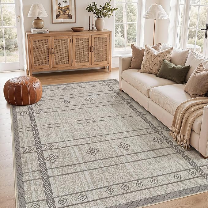 cotiled 5x7 Area Rugs Living Room Rug: Washable Boho Rugs with Non Slip Backing Large Soft Indoor Stain Resistant Carpet for Bedroom Farmhouse Dining Room Lightweight Home Decor Grey Brown